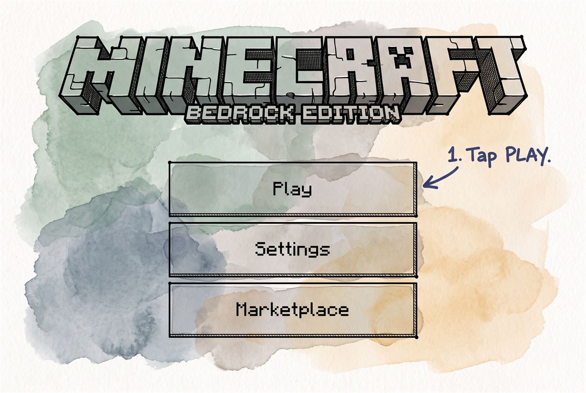 Minecraft Bedrock title screen with the Play button marked.