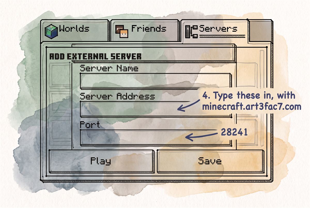 The Add External Server form: Server Address minecraft.art3fac7.com, Port 28241.